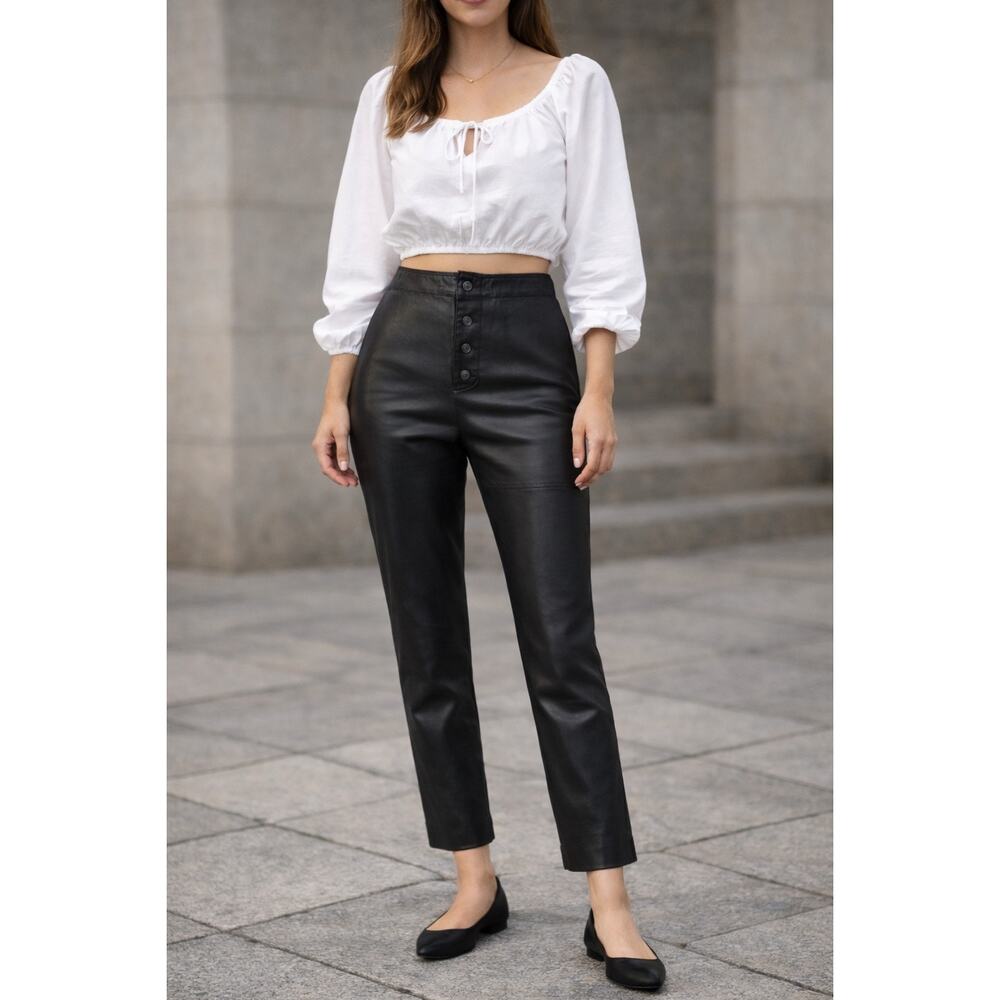Vintage Black Leather‎ High Waist Straight Crop Pants M Classic Casual Festival